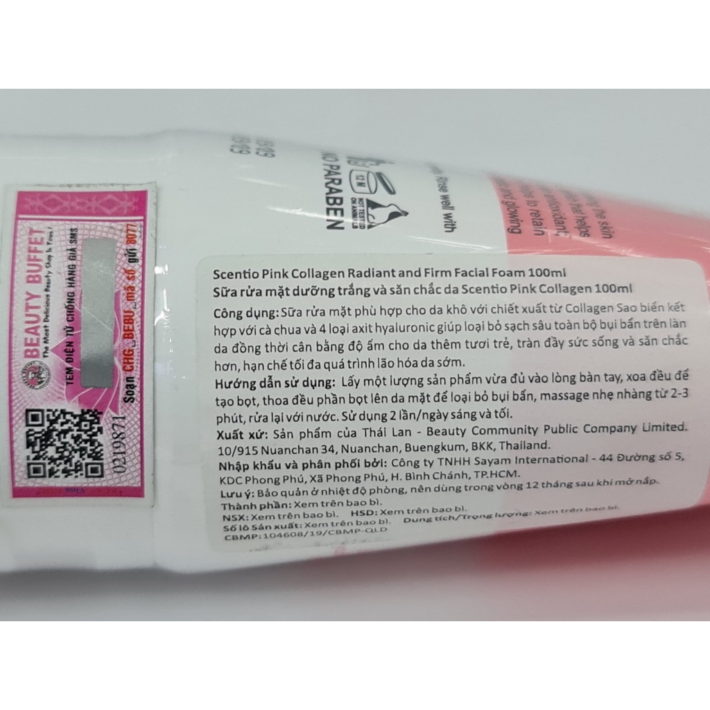 Sữa Rửa Mặt Dưỡng Trắng Săn Chắc Da Kiểm Soát Nhờn Beauty Buffet Scentio Pink Collagen 100ml Thái Lan