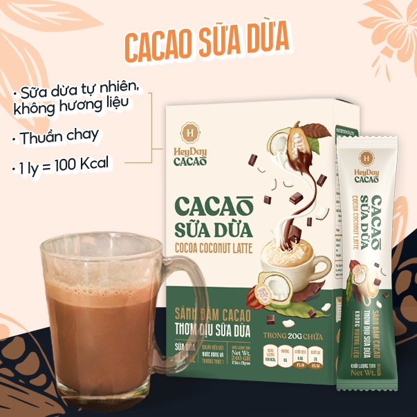 Bột Cacao Sữa Dừa Heyday - Hộp Giấy 12 Gói Tiện Lợi 20g - Bột cacao sữa dừa tự nhiên, thuần chay - Heyday Cacao