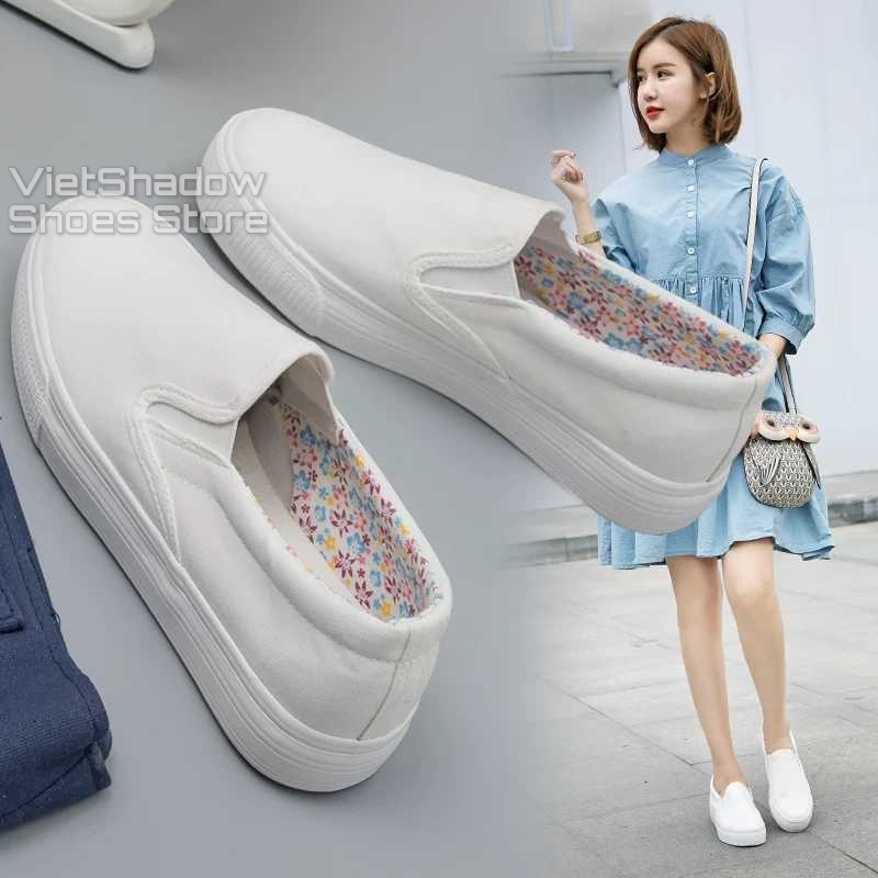 Slip on vải nữ - Giày lười vải nữ đế bánh mì - Vải thô màu (trắng) và (đen) đế trắng - Mã SP: H802