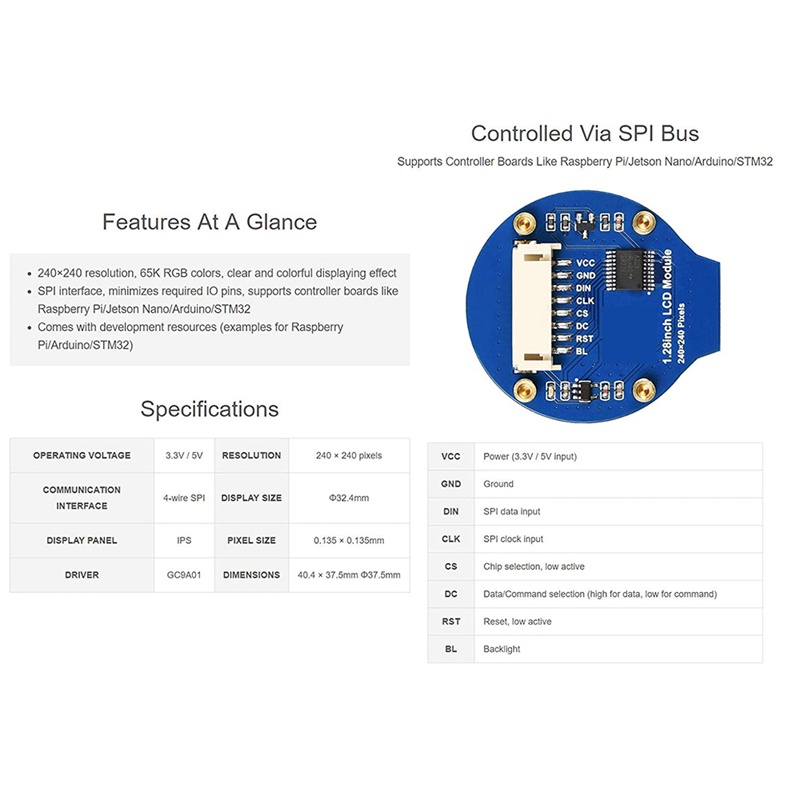 Màn Hình Tròn Hiển Thị LCD Màu 1.28Inch GC9A01 SPI RGB 65K Hỗ Trợ Raspberry