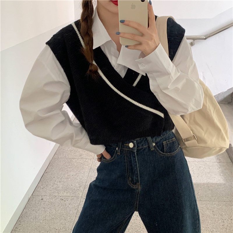 Áo Len Không Tay Cổ Chữ V Dáng Rộng Phong Cách Hàn Quốc Thời Trang
