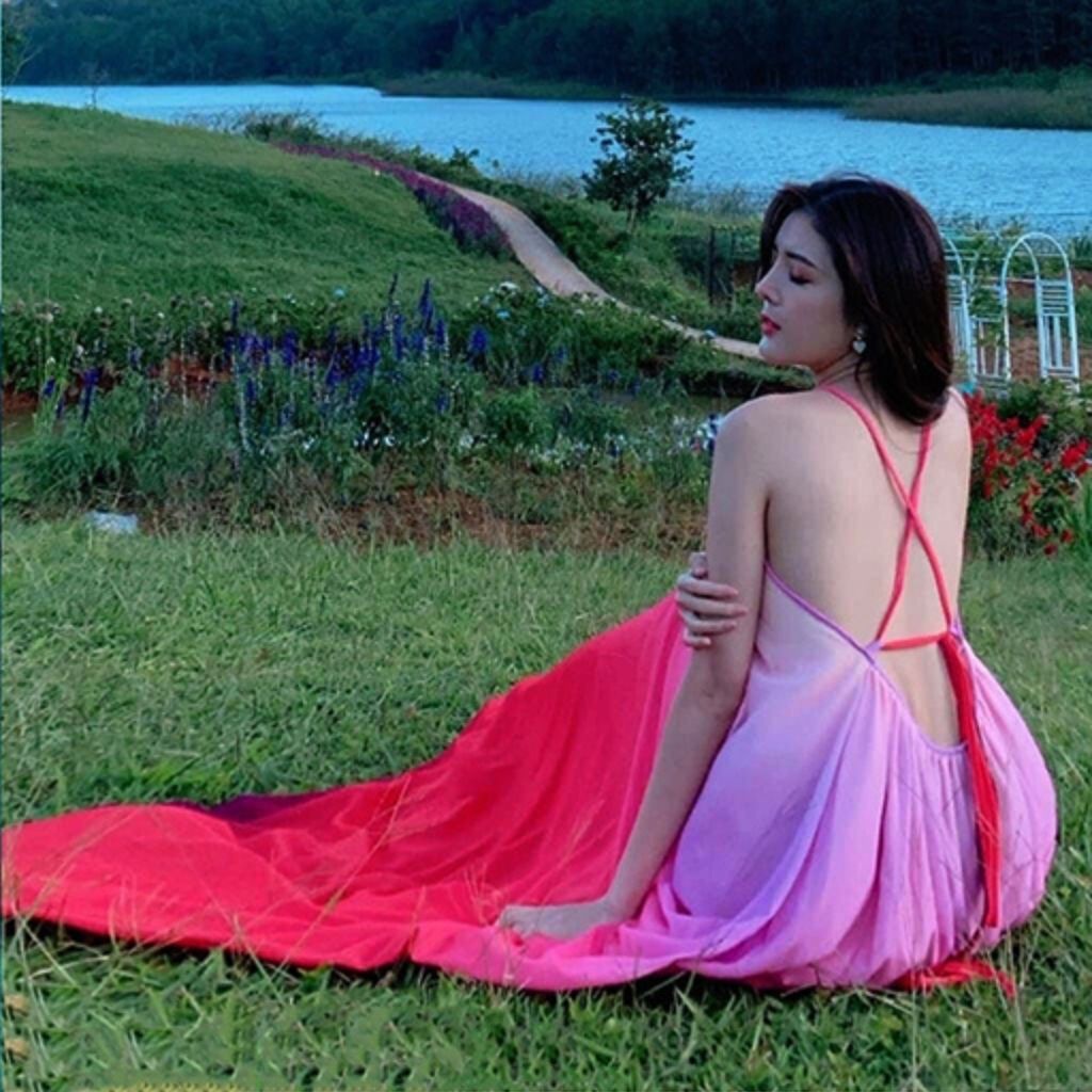 Đầm maxi đi biển loang màu cổ yếm hở vai có mút ngực thả dáng xinh đẹp phong cách thời trang XUKA-DRESS MT050