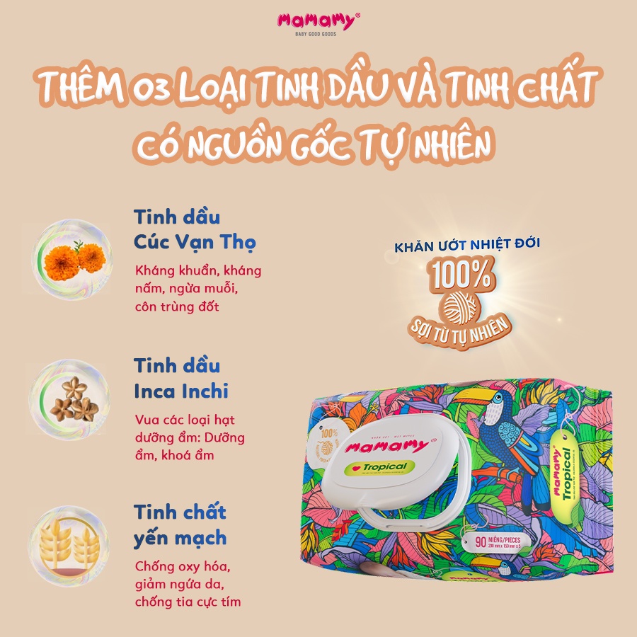 Combo 12 Khăn giấy ướt 100% sợi tự nhiên và rayon Mamamy Tropical Tinh dầu cúc vạn thọ/Không mùi 90 tờ