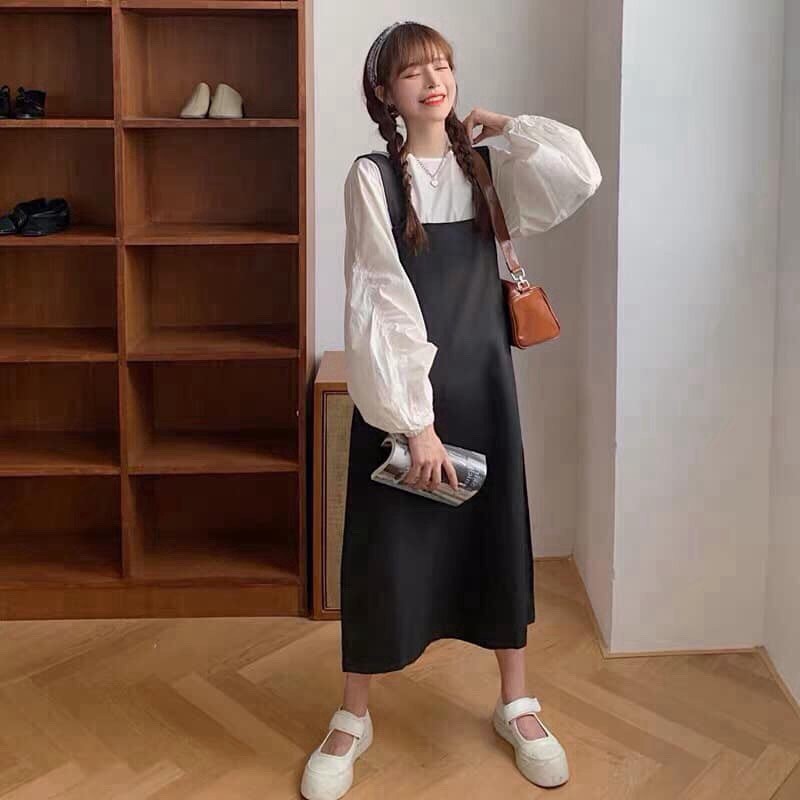 Set yếm váy kaki dáng thụng ullzang - Yếm dài Hàn Quốc mix áo phông dài tay trắng
