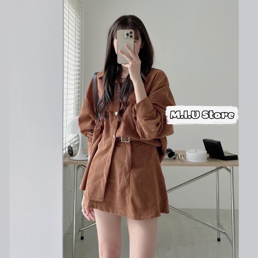 Set áo khoác sơ mi nhung tăm dài tay mix chân váy chữ A trẻ trung