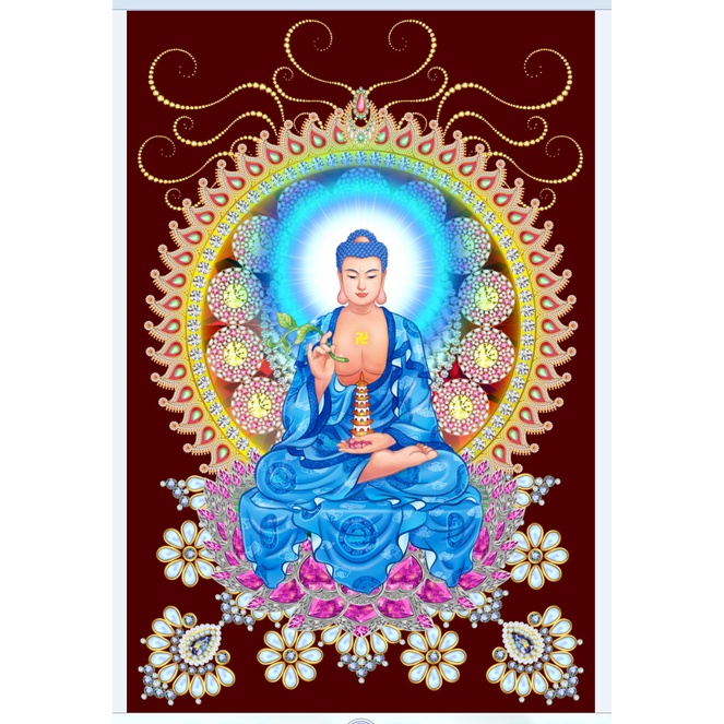 Tranh Liễn Phật Giáo -  Tranh Dược Sư Lưu Ly Phật , Chất liệu vải canvas- nẹp sáo gỗ thông tự nhiên - giá xưởng