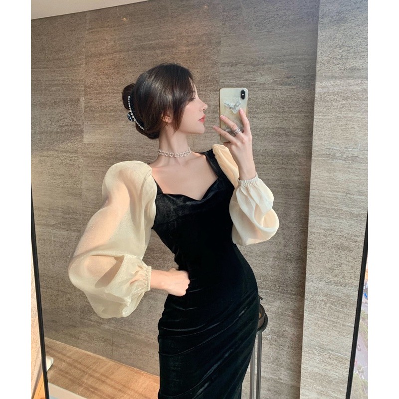 Đầm body nhung phối tay voan xoè
