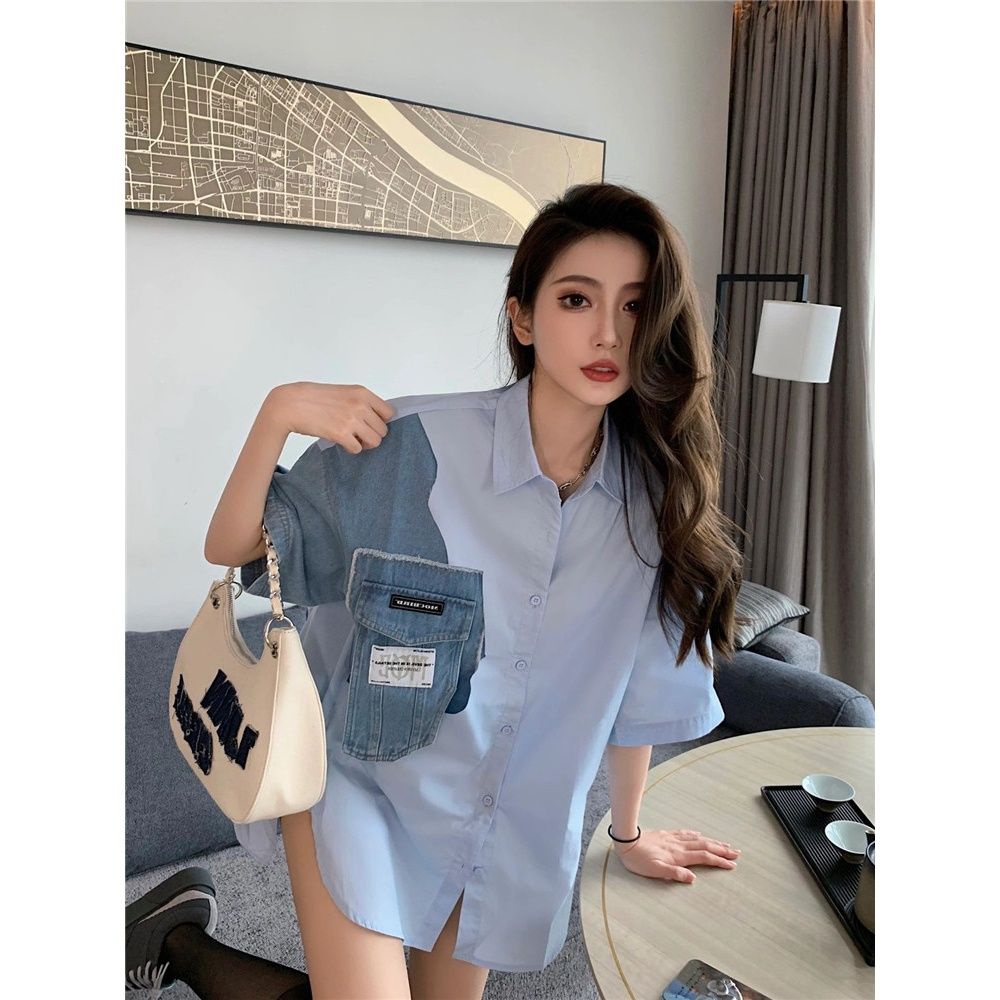 Áo Sơ Mi Denim Tay Lửng Dáng Rộng Phong Cách Retro Đường Phố Mỹ Cá Tính Cho Nam Nữ