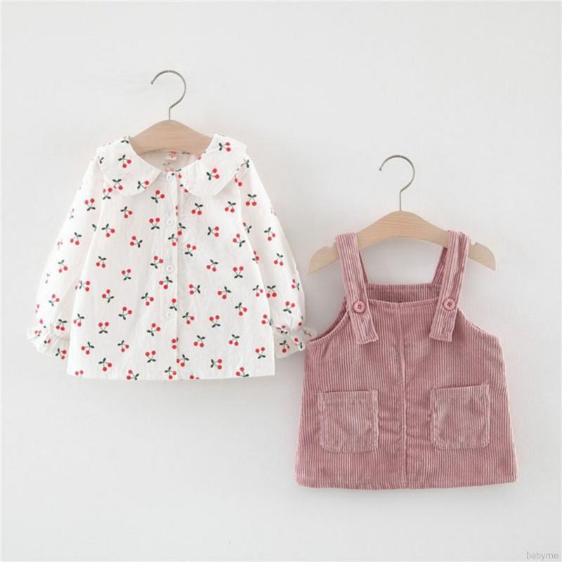 Bộ áo cổ tròn tay dài họa tiết quả cherry hoạt hình và đầm hai dây thời trang mùa hè dành cho em bé