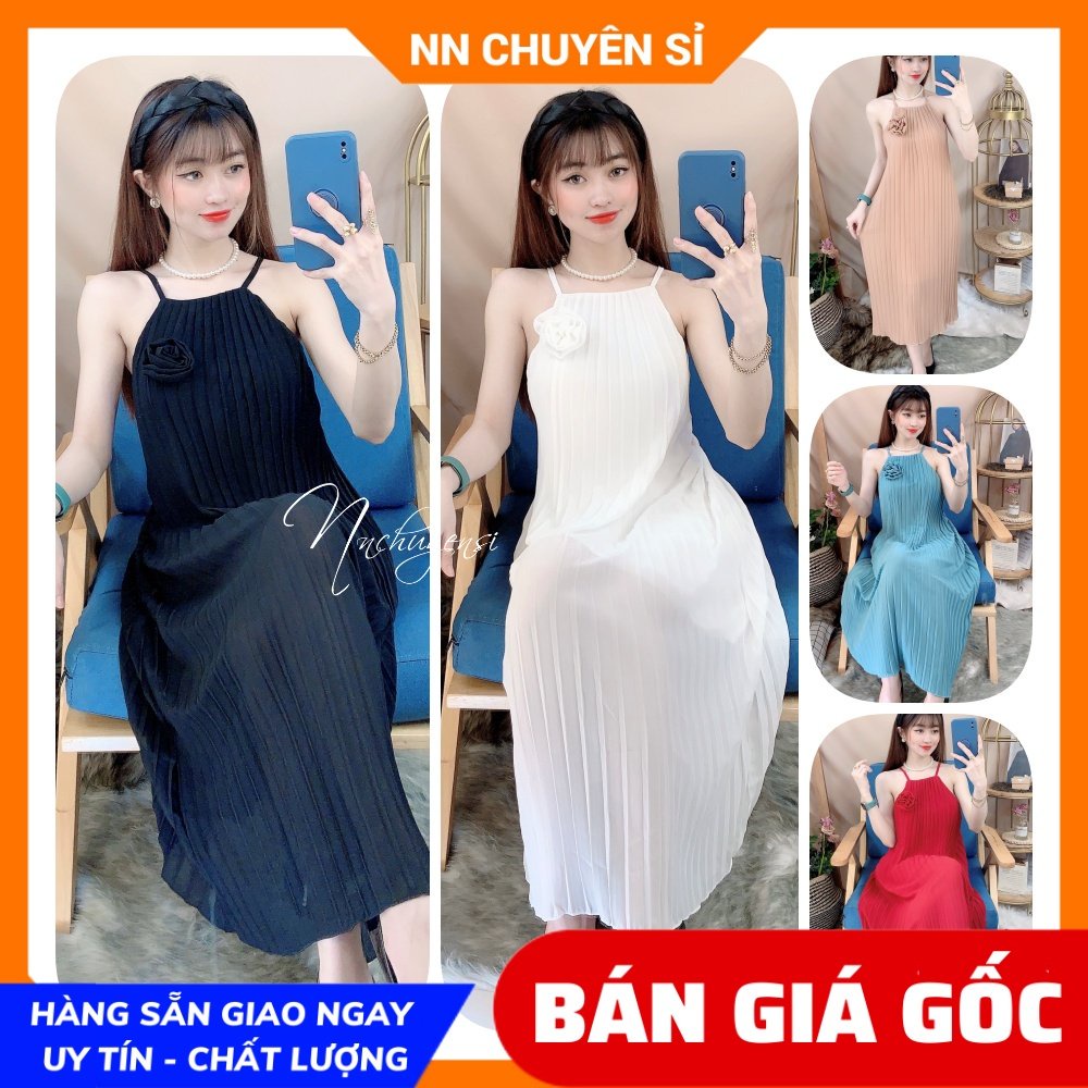 Đầm voan xếp li cổ yếm vải mềm mát ( Bầu bí bon chen thoải mái ) Đầm bầu dễ thương TP109
