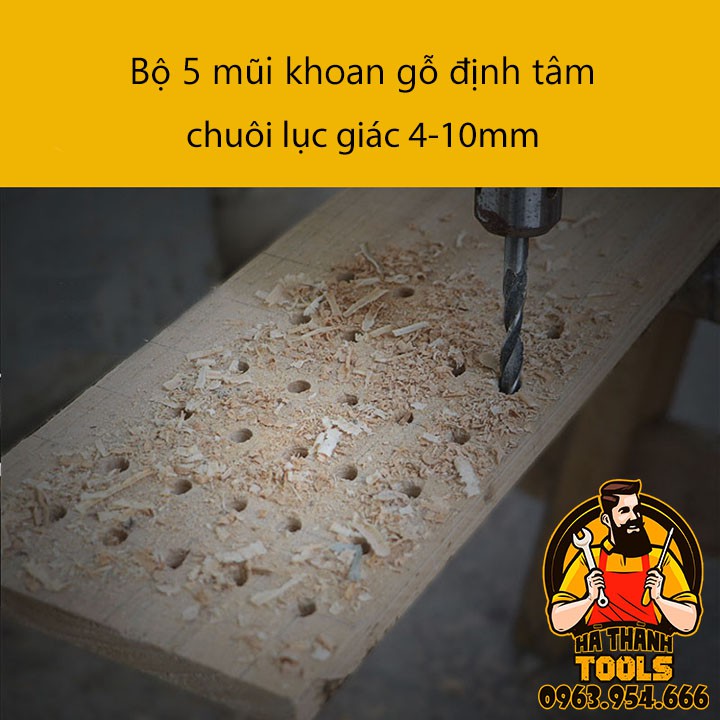 Bộ 5 mũi khoan gỗ có đầu định tâm chuôi lục giác 4-10mm