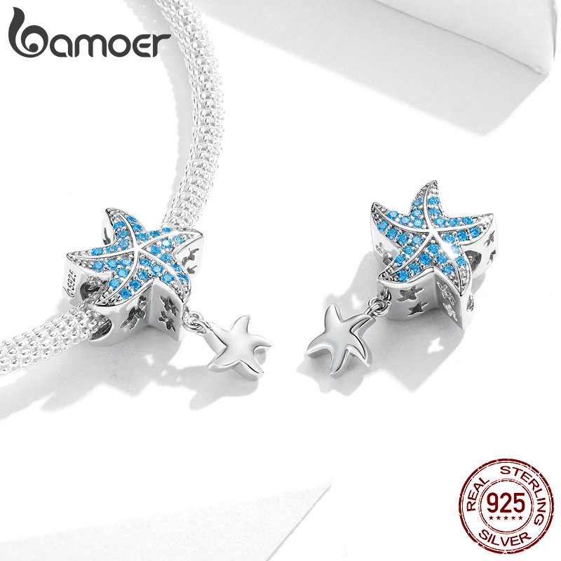 Hạt mặt trang sức Bamoer xi bạc 925 sterling hình sao biển phối đá màu xanh dương cho nữ