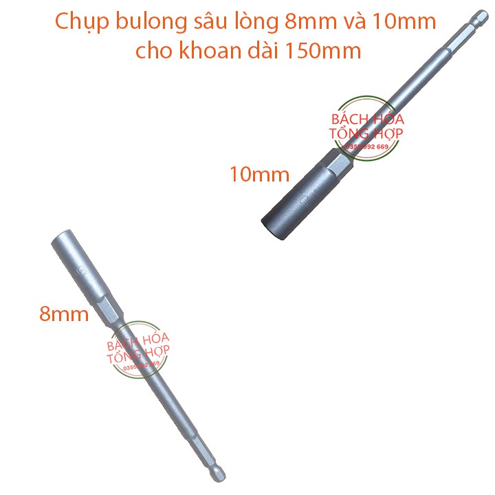 Chụp bulong, tuýp vặn khẩu sâu lòng 8mm và 10mm cho khoan, bắn vít dài 150mm