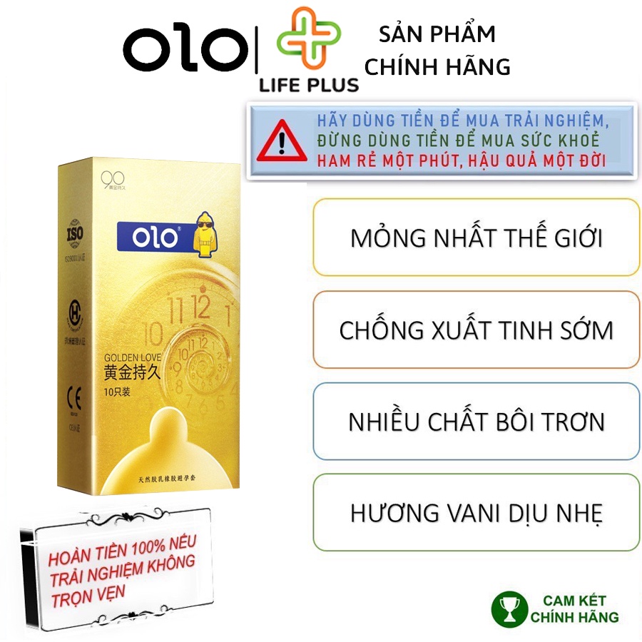 Bao Cao Su Siêu Mỏng OLO Golden Love Tăng Thời Gian QH, Nhiều Gel, Hộp 10 bcs - Tặng Bao Cao Su LP01 - Life Plus Store