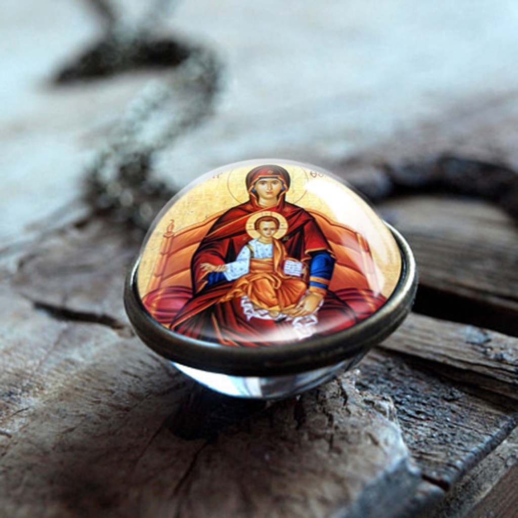 Vòng cổ Mặt Kính Cabochon Hai Mặt Hình Đức Mẹ Jesus Christ