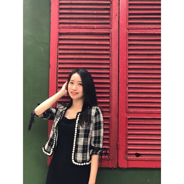 Áo dạ tweet tay lửng buộc nơ viền trai
