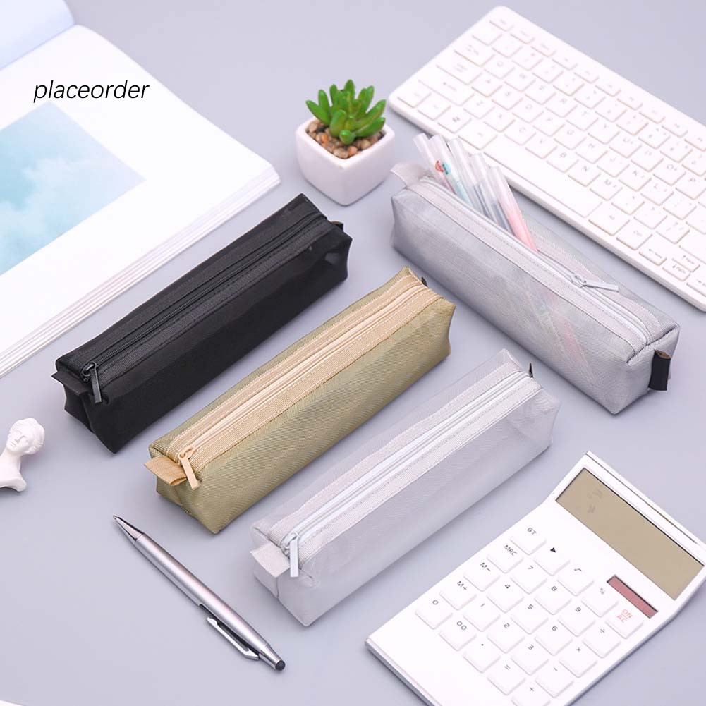 Unisex Simple Solid Color Zipper Transparent Mesh Pencil Case Pen Storage Bag
