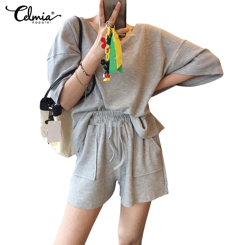 Bộ áo tay lửng cổ chữ V + quần short lưng thun CELMIA dáng rộng thời trang cho nữ