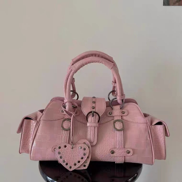 Túi xách đeo vai nắp lật họa tiết da cá sấu phối đinh tán phong cách retro vintage chính hãng
