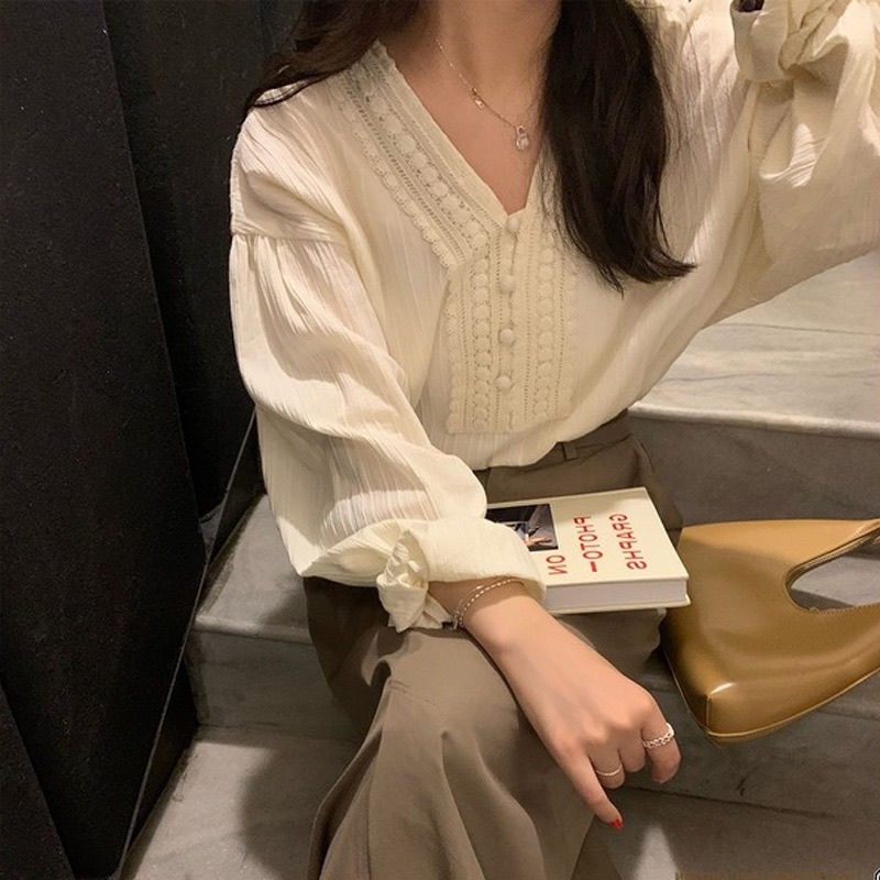 Áo Sơ Mi Tay Dài Cổ Chữ V Dáng Suông Thanh Lịch Hợp Thời Trang Phong Cách Hàn Quốc Cho Nữ