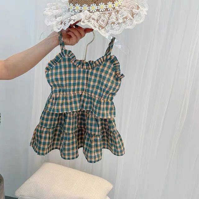 Set Áo Hai Dây + Chân Váy Họa Tiết Sọc Caro Thời Trang Mùa Hè Cho Bé Gái