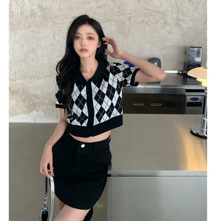 Cocory vn Áo Cardigan Dệt Kim Tay Ngắn Cổ Bẻ Kẻ Sọc Phong Cách Hàn Quốc Cho Phụ Nữ | BigBuy360 - bigbuy360.vn