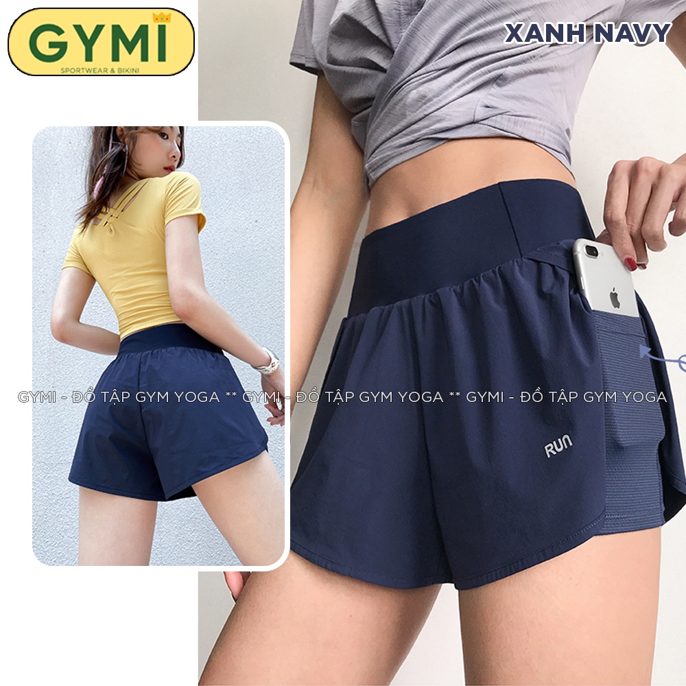 Quần tập gym yoga nữ 2 lớp GYMI QS09 dáng đùi short boxer thể thao chất vải thun lạnh kèm túi đựng điện thoại