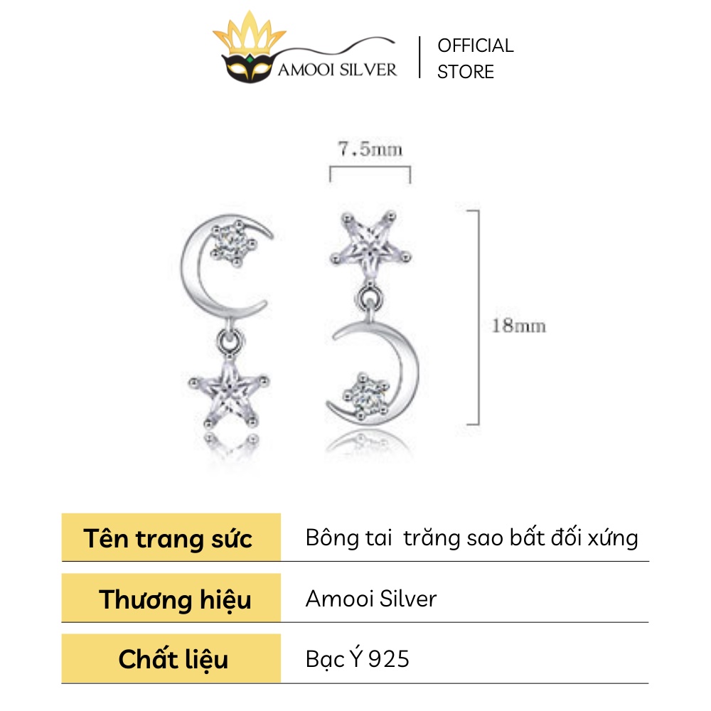 Bông Tai Bạc S925 Thiết Kế Hình Trăng Sao Bất Đối Xứng - Amooi Silver AB58