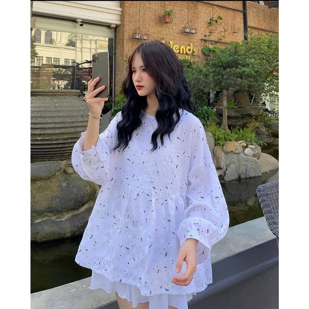 Áo babydoll hoa, áo babydoll nữ màu trắng bánh bèo, áo babydoll áo kiểu tay phồng | BigBuy360 - bigbuy360.vn