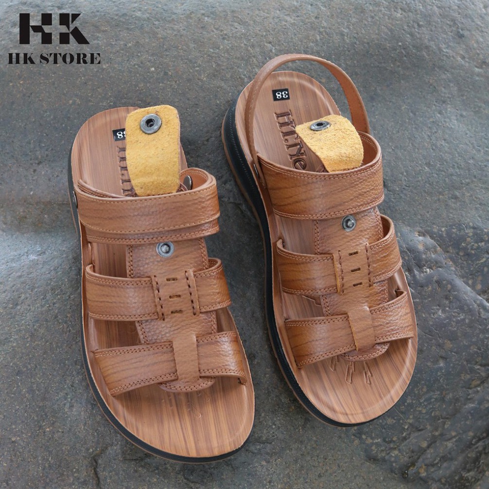 Dép sandal nam trung niên 💝 HK.STORE 💝 da bò xịn kết hợp đế kếp cao 3,5cm cực đẹp khâu may chân quai công nghệ 2021.