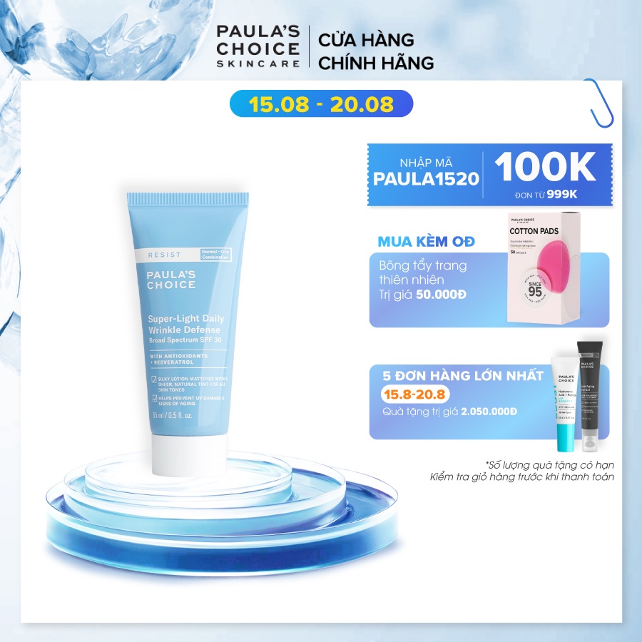 Kem ngày mềm mịn, chống nắng phổ rộng Paula's Choice Resist Super - Light Daily Wrinkle DefenceSPF30 15ml 7767