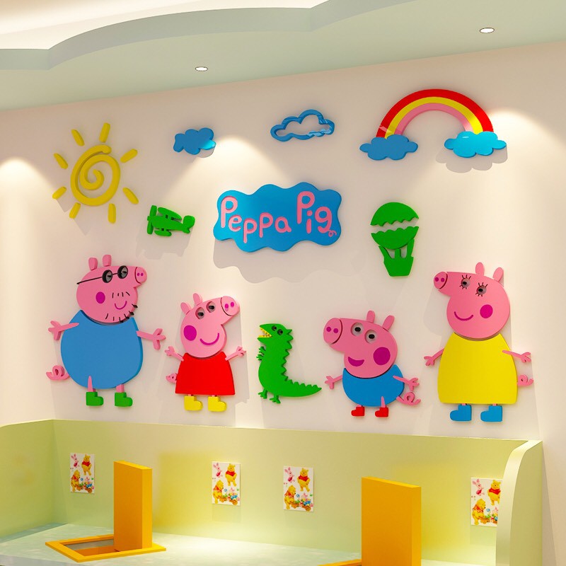 Tranh dán tường 3d cho bé gia đình pepa pig, trang trí mầm non, trang trí khu vui chơi trẻ em