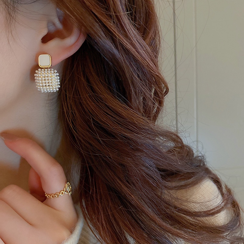 Bông Tai Bạc 925 Hình Vuông Đính Ngọc Trai Phong Cách Hàn Quốc Sang Trọng Thời Trang