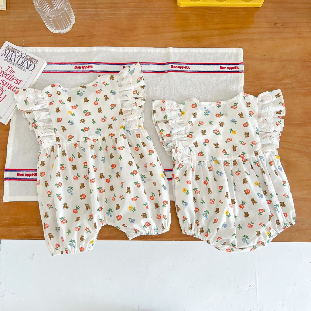 Bộ Áo Liền Quần Tay Cánh Tiên Chất Liệu Cotton In Hình Gấu Và Hoa Thời Trang Mùa Hè Phong Cách Phương Tây Cho Bé Gái 2022