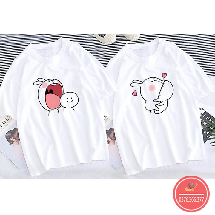 Áo thun cặp đôi nam nữ dễ thương form unisex cổ tròn tay ngắn thun cotton mềm mịn màu trắng AC111T