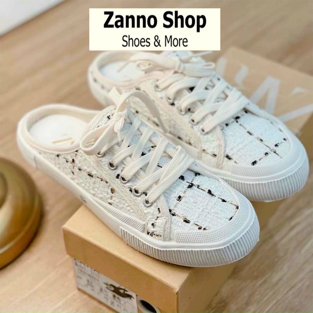 Giày Sục Đạp Gót Thể Thao Nữ Z Vải Dạ Siêu Đẹp Màu Kem Kẻ Đen Và Kim Tuyến Vàng Óng Ánh