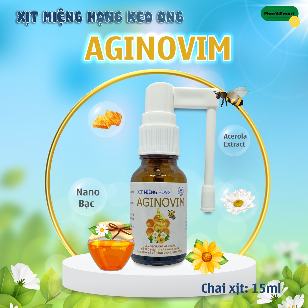 Xịt Miệng Keo Ong  Aginovim Chai 15ml Làm Giảm Triệu Chứng Viêm Họng