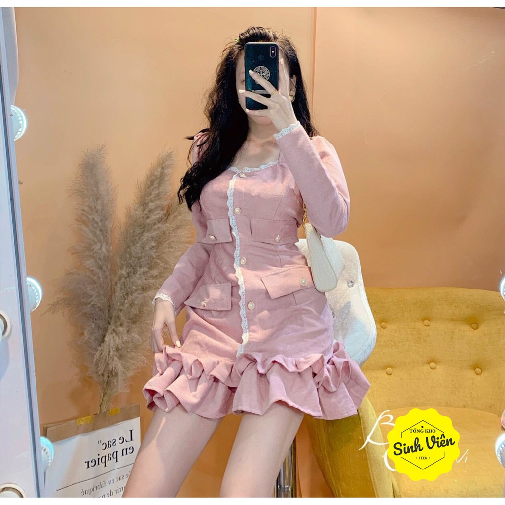 [Hàng chuẩn] Váy Nhung Tăm 👗Viền Ren Màu Hồng Đuôi Cá, Váy Nhung Đuôi Cá Phong Cách Hàn Quốc | BigBuy360 - bigbuy360.vn