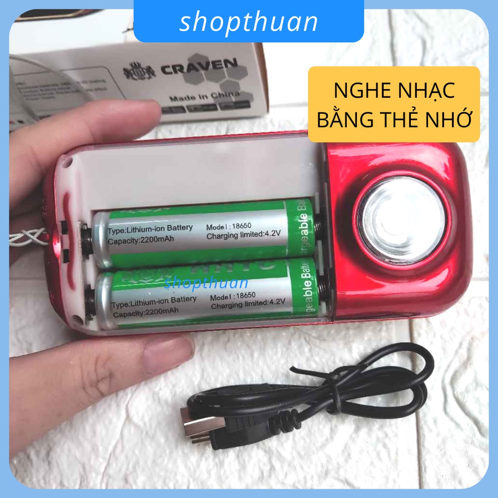 Loa Craven CR-861 2 pin sạc có đèn pin, nghe thẻ nhớ, USB 2.0, FM Radio