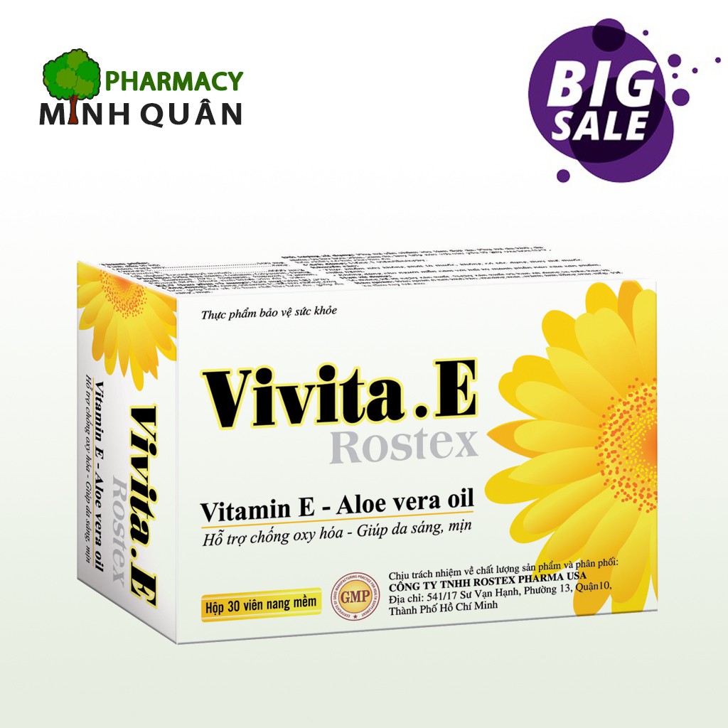 Viên uống Vitamin E Vivita E Rostex giúp dưỡng trắng da mặt tái tạo da hỗ trợ phục hồi chống lão hóa làm mờ sẹo 30 viên
