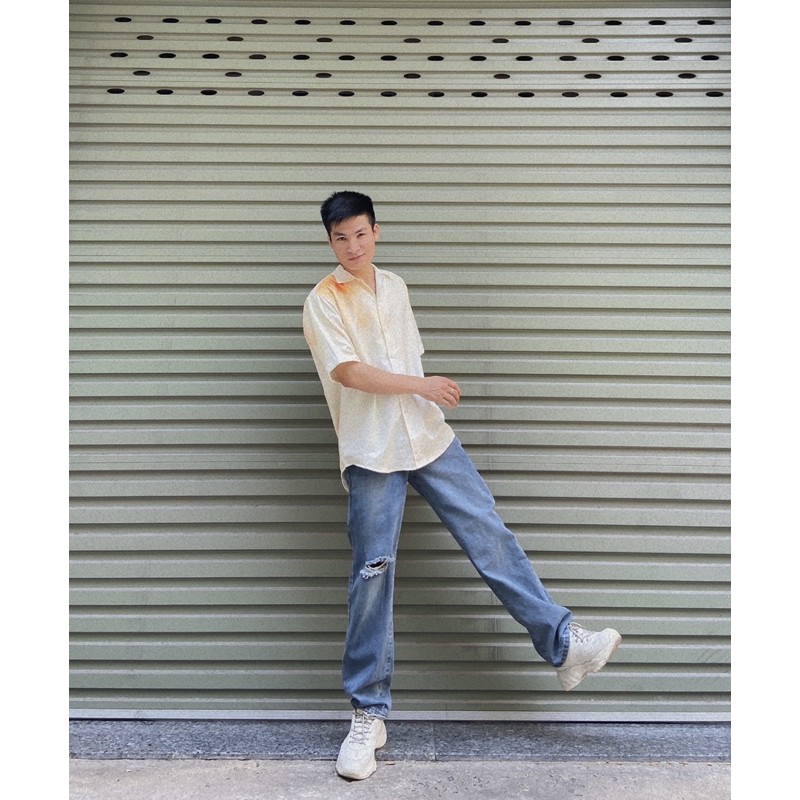 Jean ống rộng rách gối màu xanh trầm