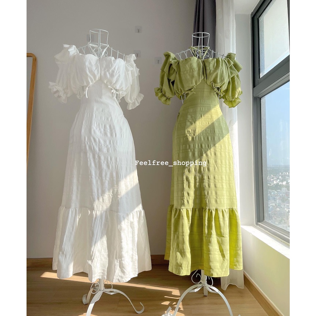 Đầm Xanh/Trắng Feelfree Cổ Vuông Dáng Dài Hở Eo Lưng 2 Lớp Mặc Đi Tiệc, Đi Chơi, Kỷ Yếu (Hình Thật) D003