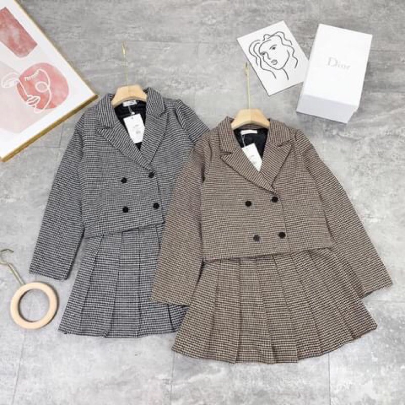 Set vest dạ kẻ mix chân váy xếp ly xèo 2 lớp xinh xắn