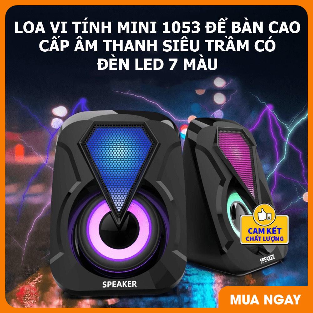 Loa máy tính E-1053, Loa vi tính mini 2.0 để bàn cao cấp âm thanh siêu trầm có đèn led RGB đổi màu cực chất 1053