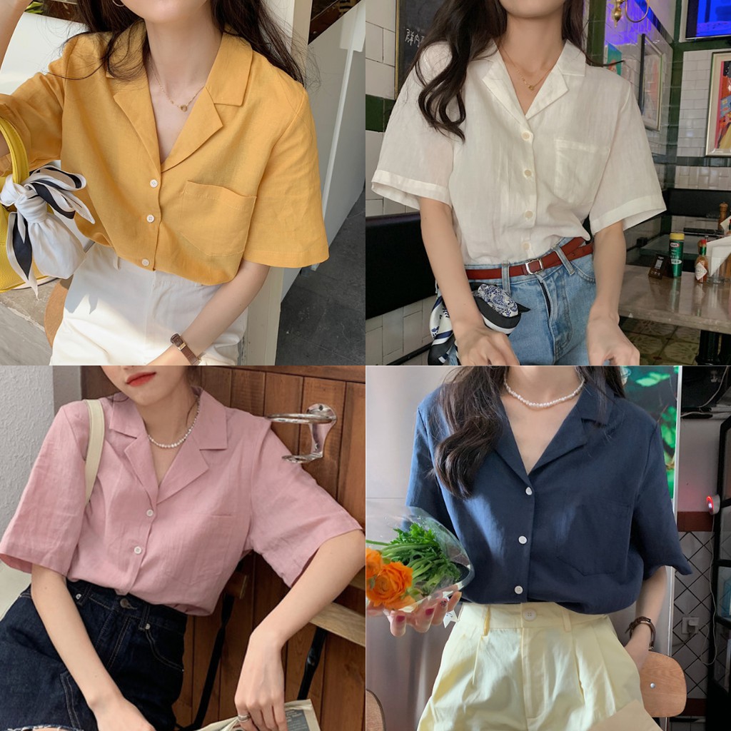 Sơ mi nữ tay lỡ, áo sơ mi cổ vest túi ngực nhiều màu Hàn Quốc - SM14FG