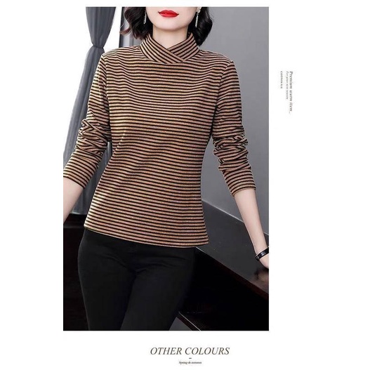 Áo thun tay dài cổ lọ họa tiết kẻ sọc thời trang cho phụ nữ trung niên