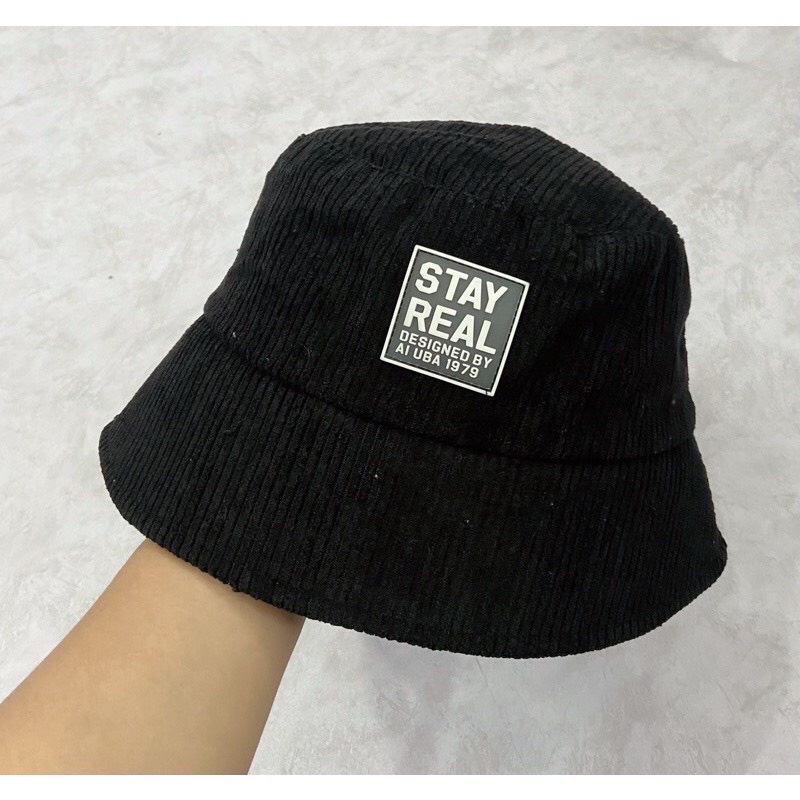Mũ bucket vành cụp hoạ tiết chữ Stay Real Nón tai bèo thêu chữ chất nhung tăm cao cấp form unisex nam nữ