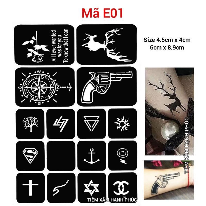 Khuôn hình xăm tạm thời gồm 16 hình xăm giả mã E01