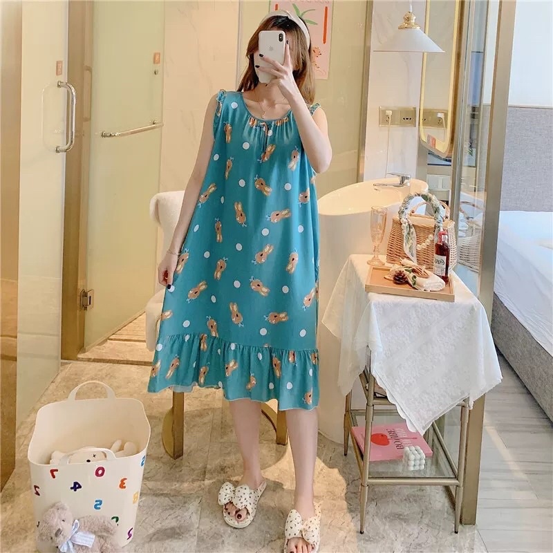 Váy mặc nhà lanh tole cotton tự nhiên,váy bầu sát nách phối bèo dễ thương, hoạ tiết trẻ trung, trang nhã