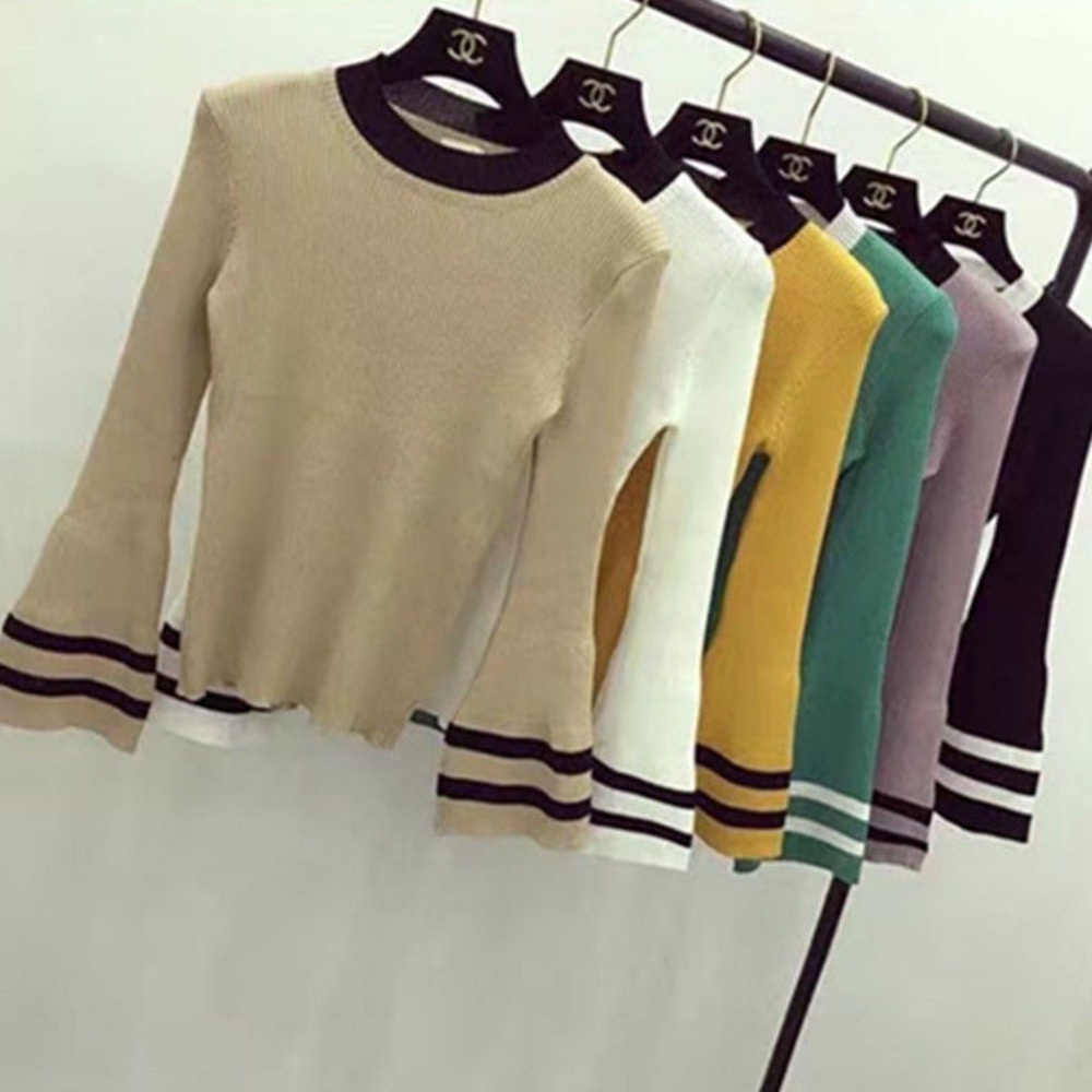 Áo Len Tay Dài Ống Loe Họa Tiết Kẻ Sọc Phong Cách Phương Tây Thời Trang Mùa Thu Mới Cho Nữ